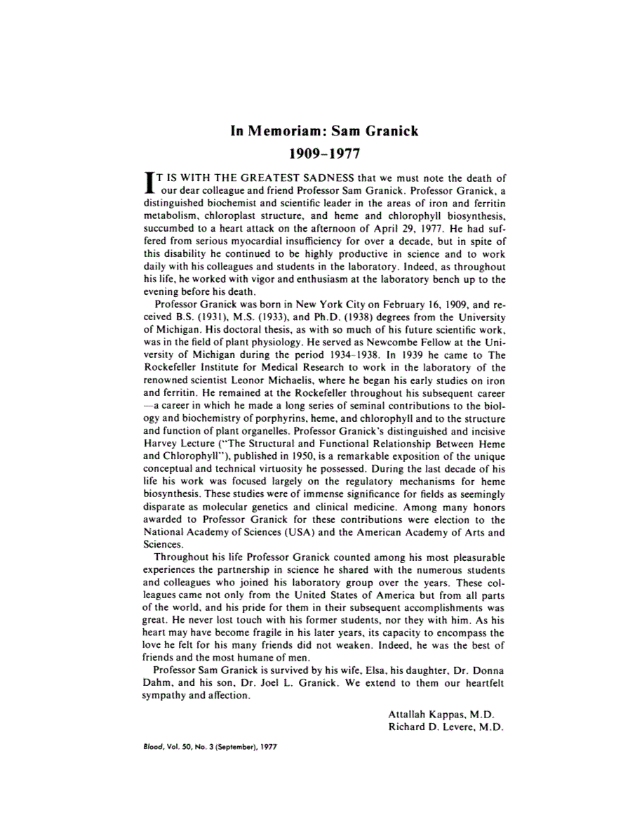 First page of In memoriam: Sam Granick 1909-1977