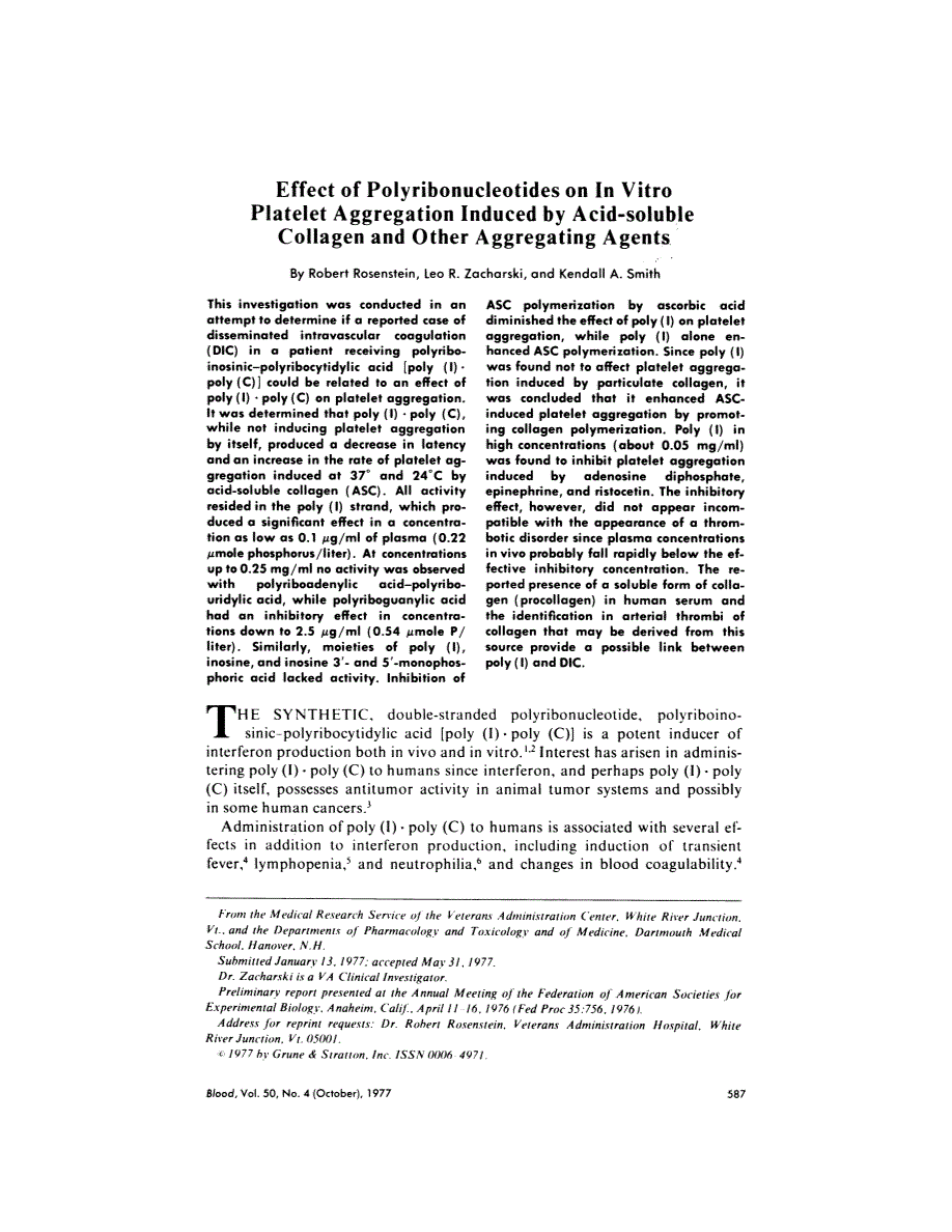 First page of Effect of polyribonucleotides on in vitro platelet aggregation induced by acid-soluble collagen and other aggregating agents
