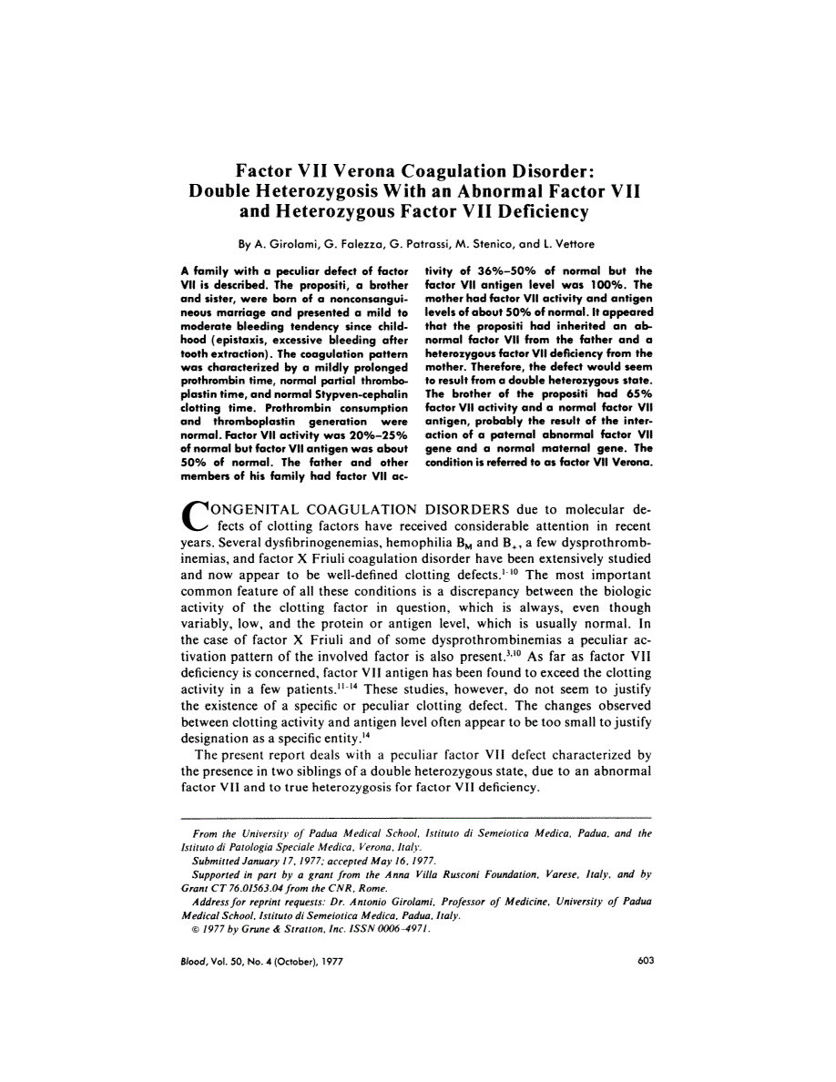 First page of Factor VII verona coagulation disorder: double heterozygosis with an abnormal factor VII and heterozygous factor VII deficiency