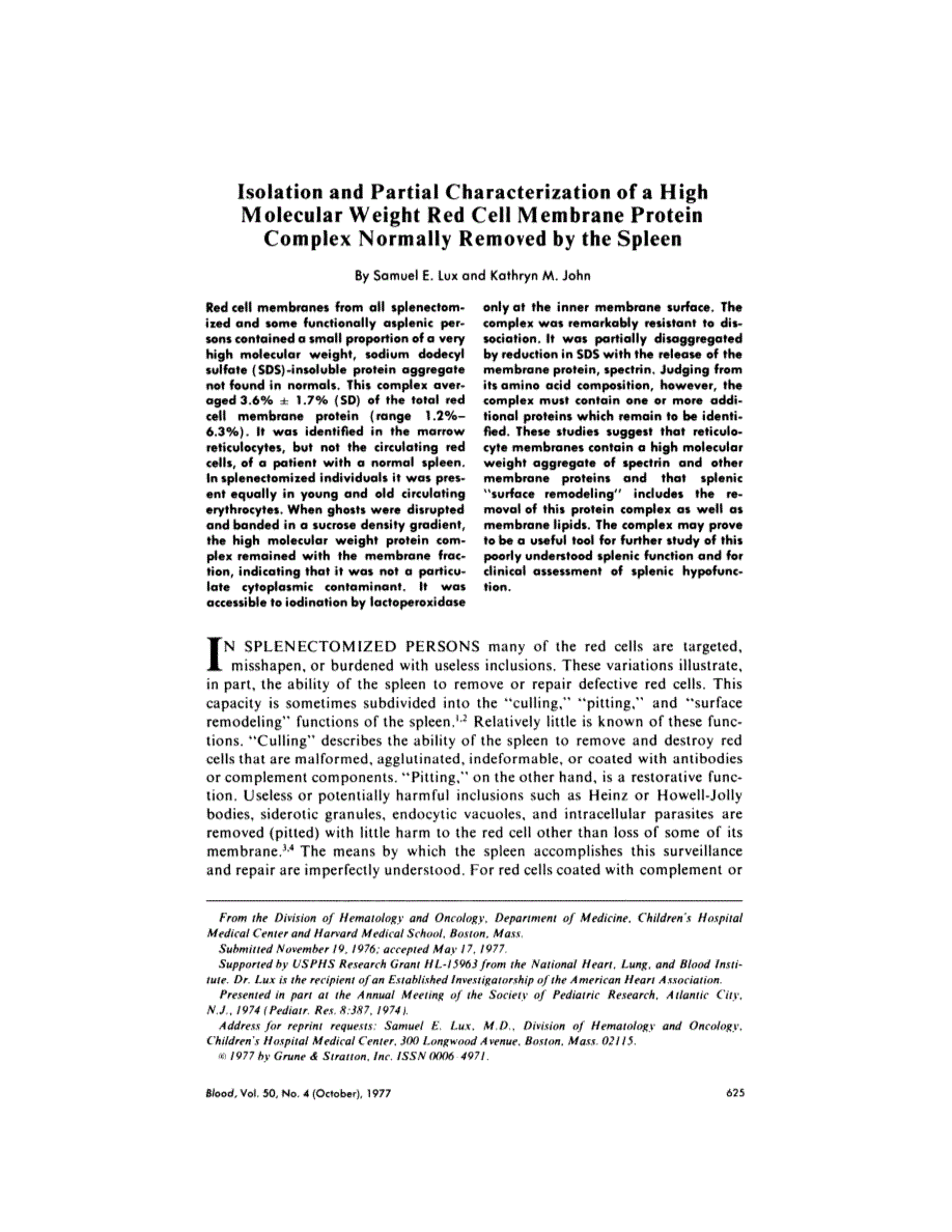 First page of Isolation and partial characterization of a high molecular weight red cell membrane protein complex normally removed by the spleen