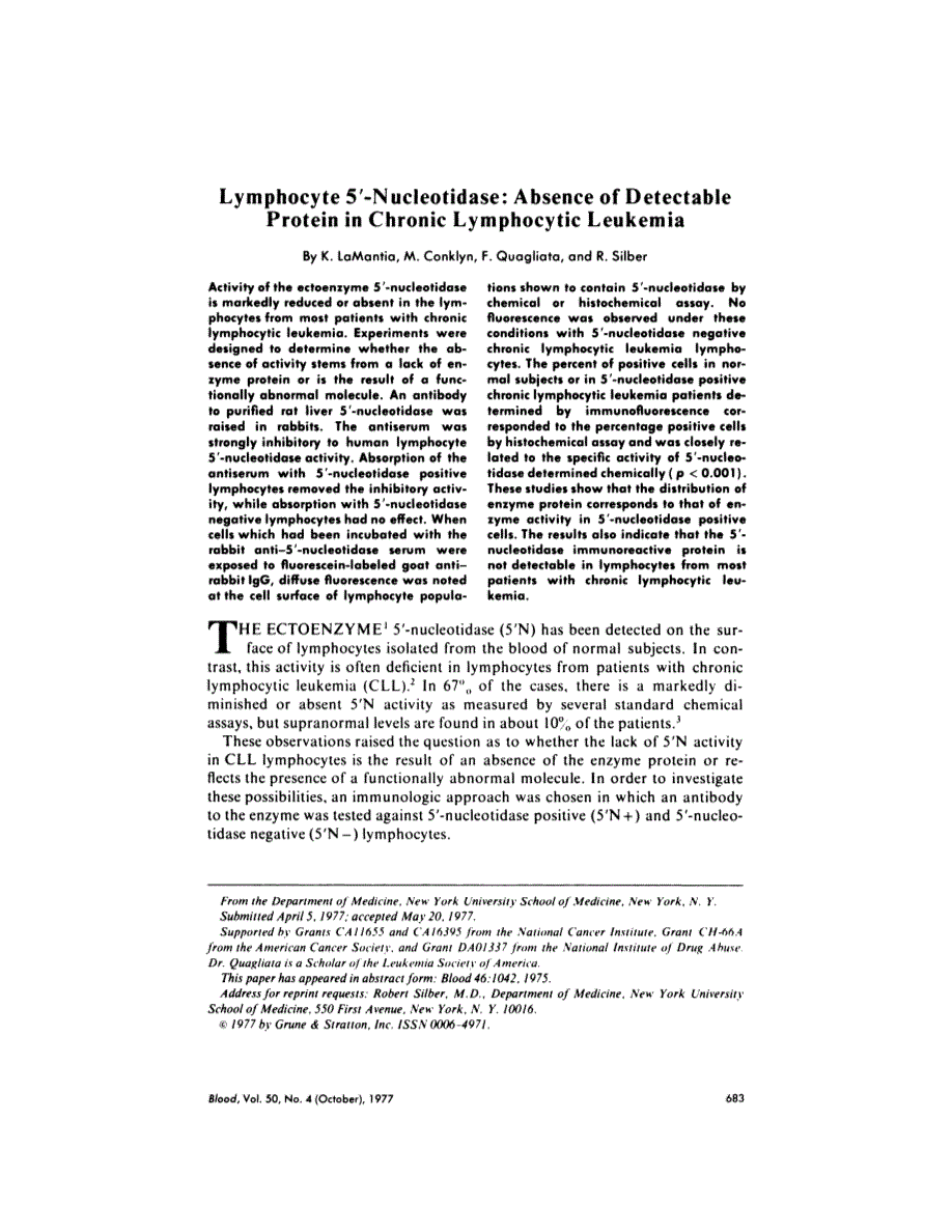 First page of Lymphocyte 5'-nucleotidase: absence of detectable protein in chronic lymphocytic leukemia