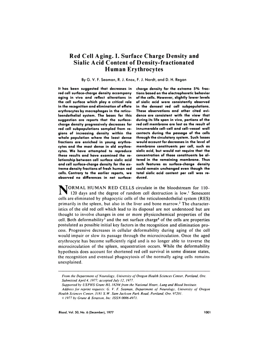 First page of Red cell agins. I. Surface charge density and sialic acid content of density-fractionated human erythrocytes