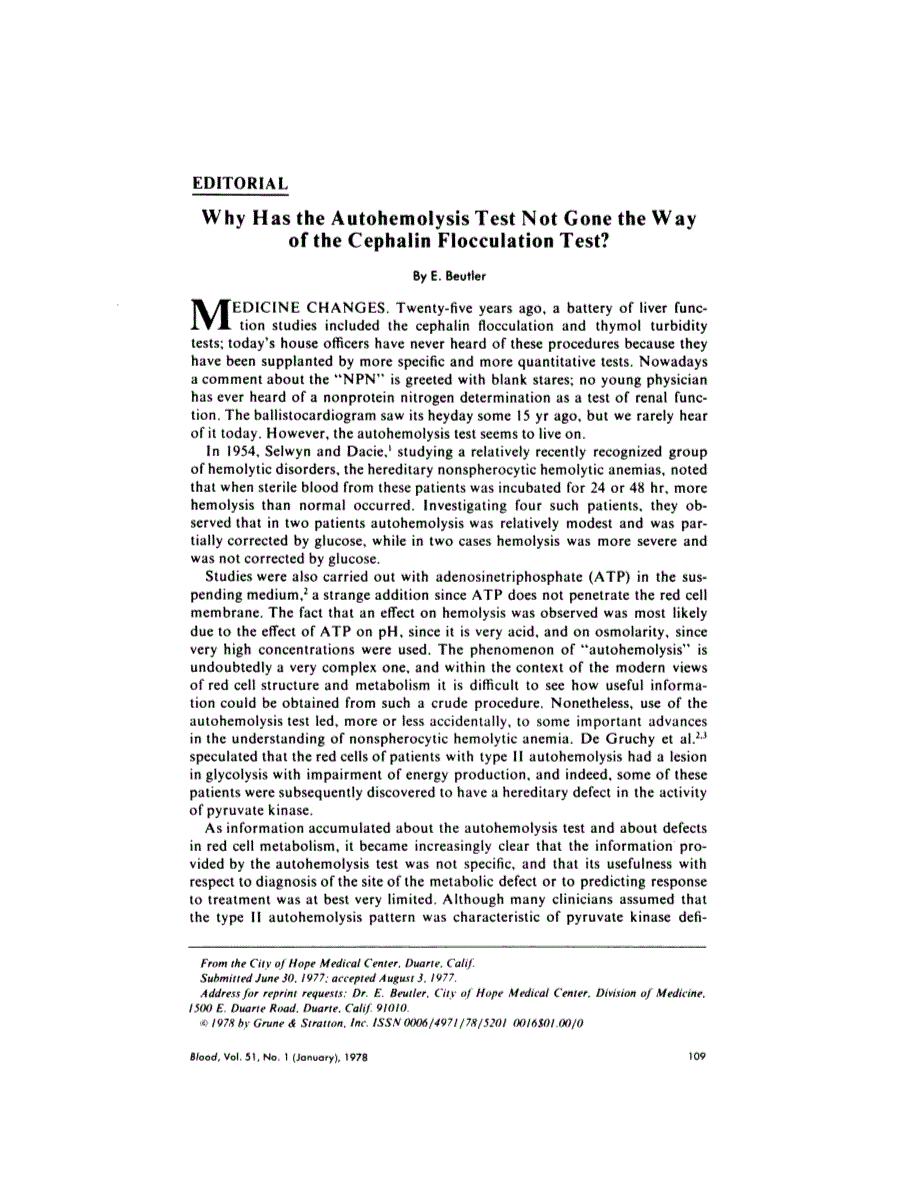 First page of Editorial: Why has the autohemolysis test not gone the way of the cephalin flocculation test?
