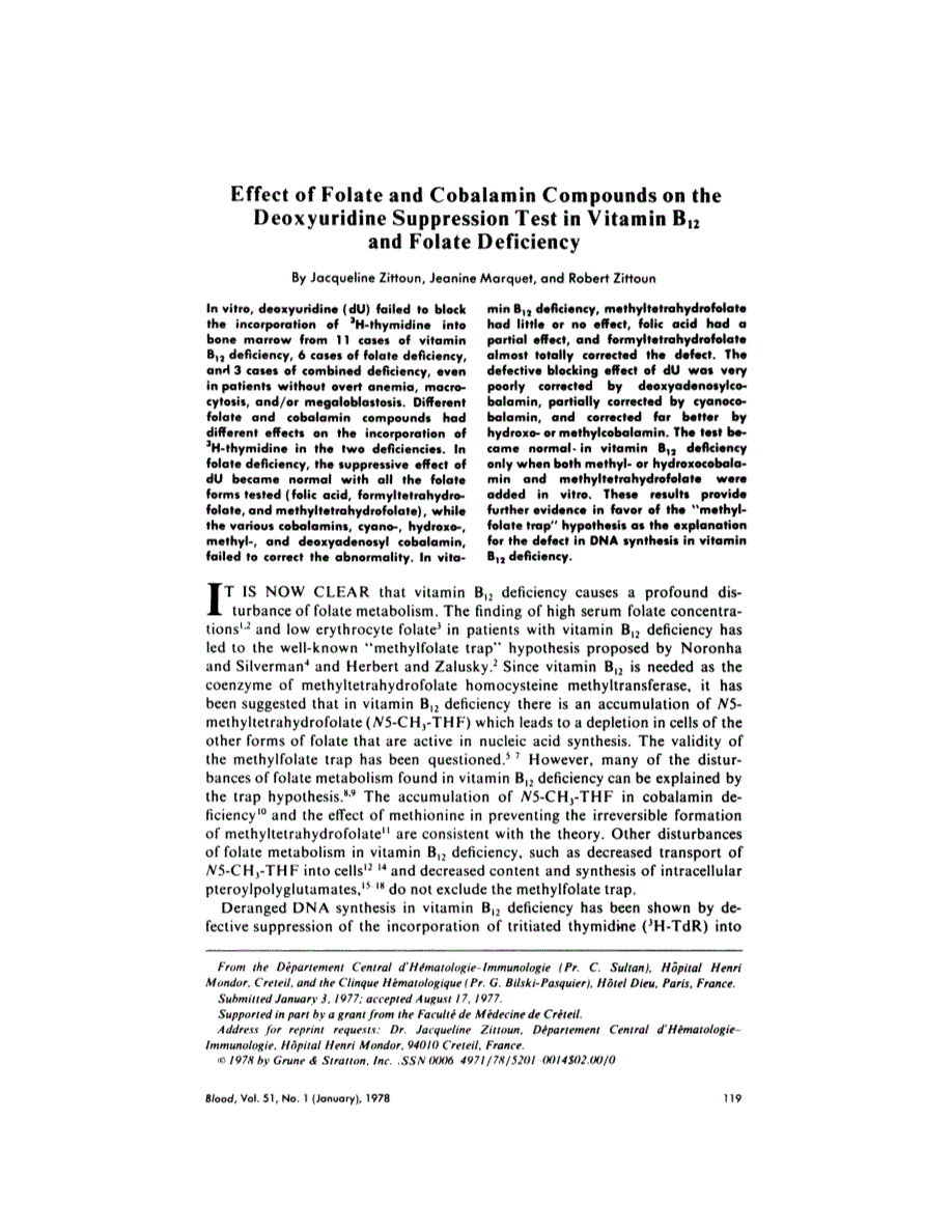 First page of Effect of folate and cobalamin compounds on the deoxyuridine suppression test in vitamin B12 and folate deficiency