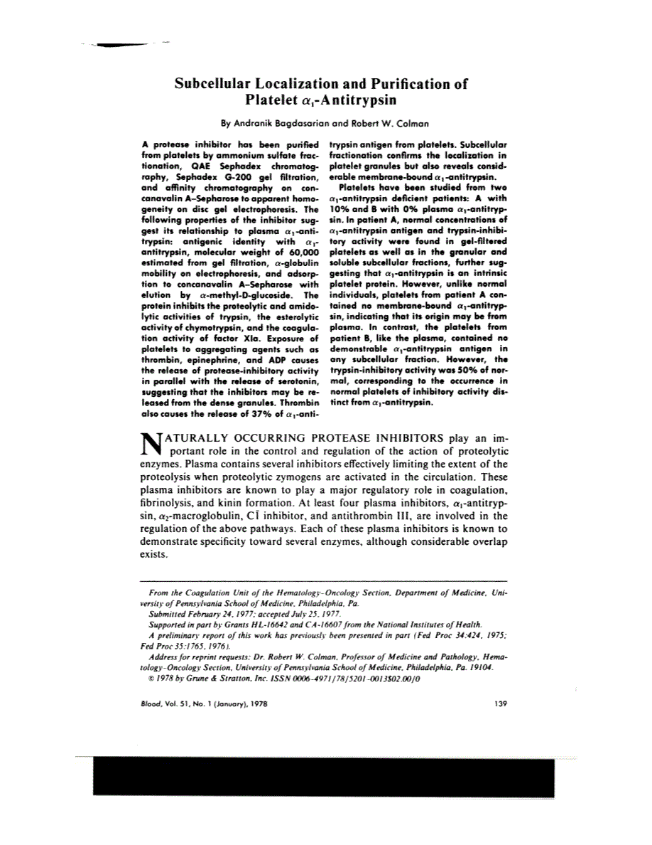 First page of Subcellular localization and purification of platelet alpha1- antitrypsin