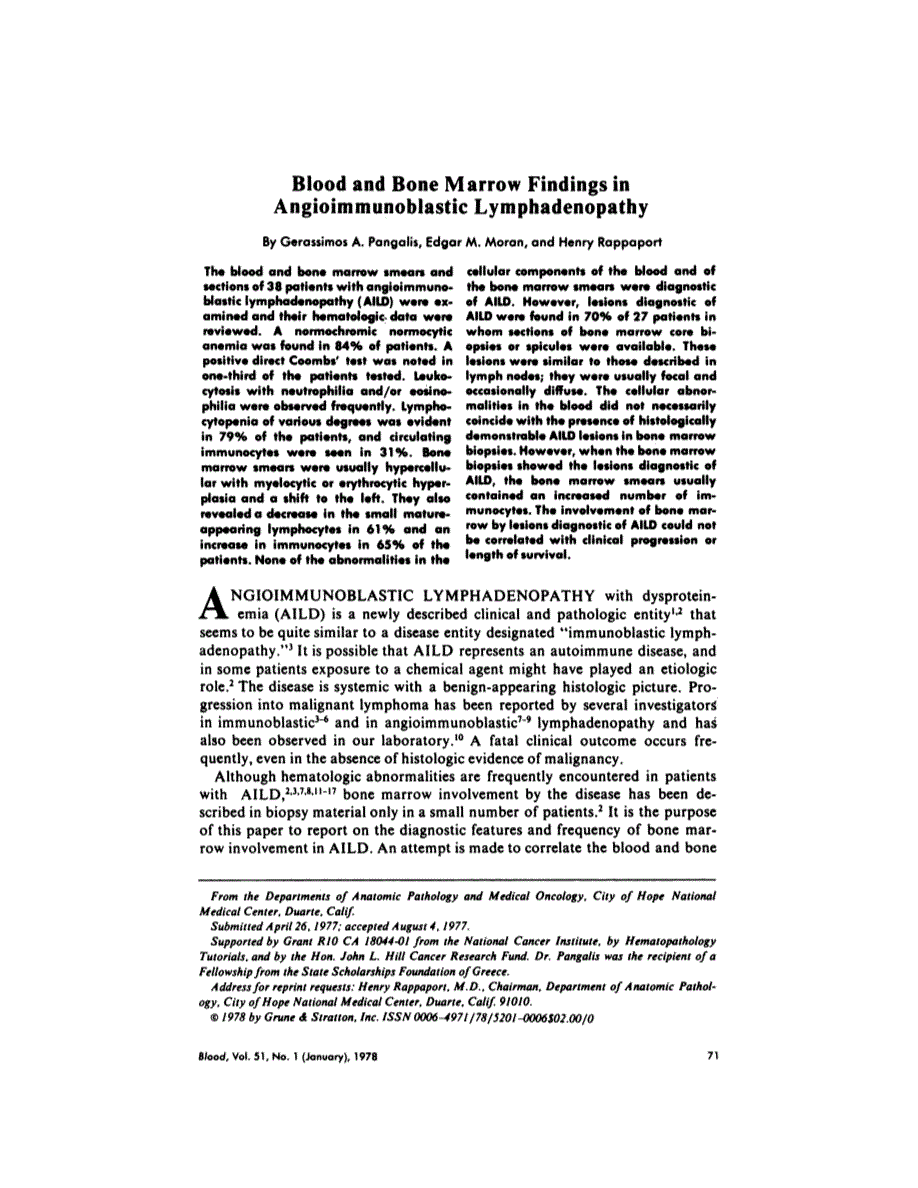 First page of Blood and bone marrow findings in angioimmunoblastic lymphadenopathy