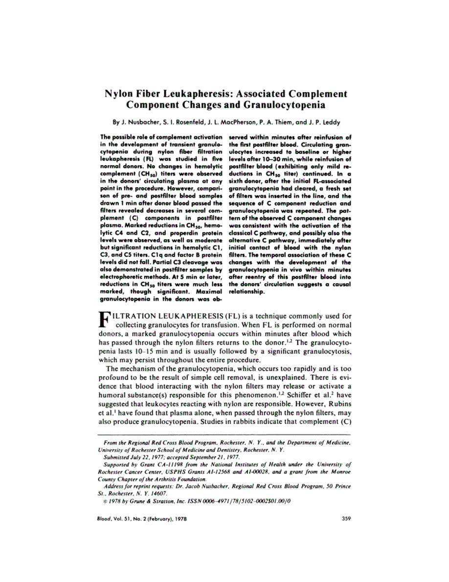 First page of Nylon fiber leukapheresis: associated complement component changes and cranulocytopenia