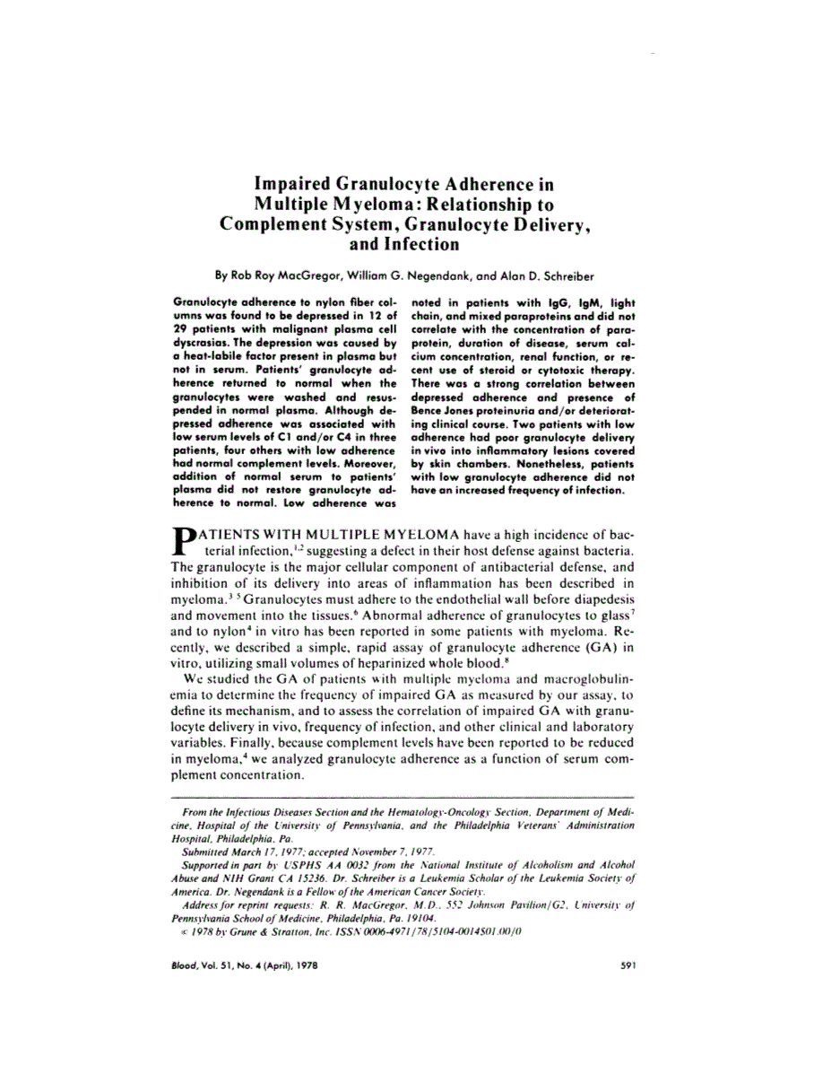 First page of Impaired granulocyte adherence in multiple myeloma: relationship to complement system, granulocyte delivery, and infection
