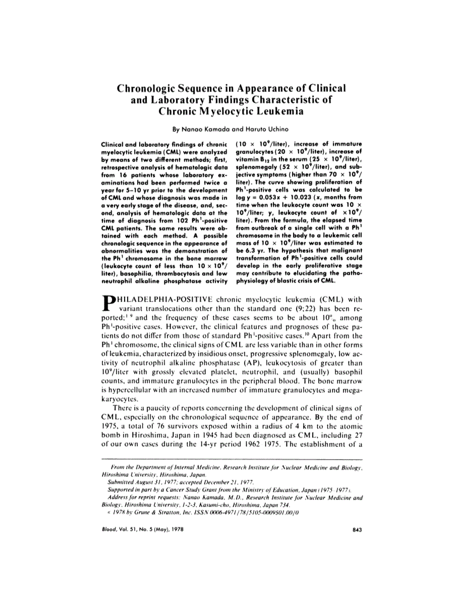 First page of Chronologic sequence in appearance of clinical and laboratory findings characteristic of chronic myelocytic leukemia