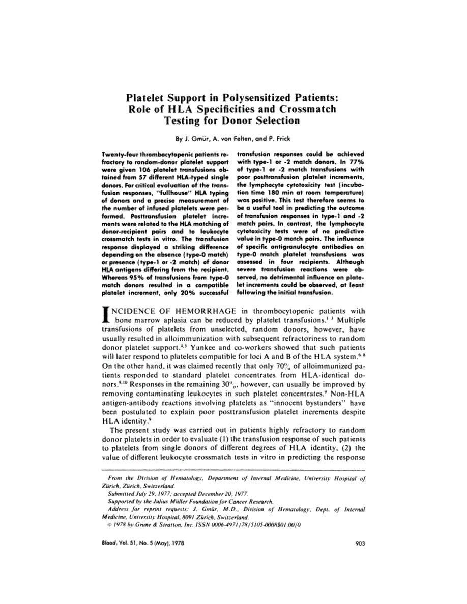 First page of Platelet support in polysensitized patients: role of HLA specificities and crossmatch testing for donor selection