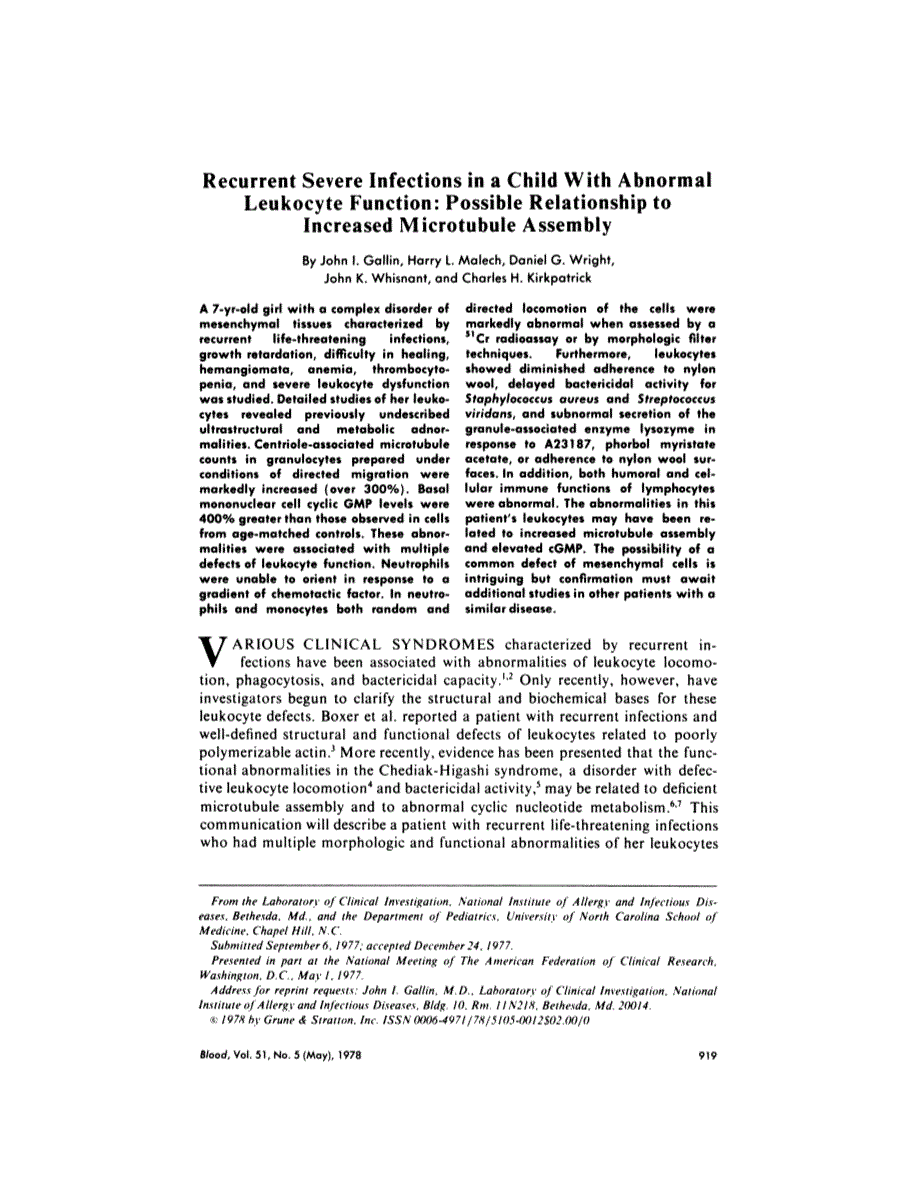 First page of Recurrent severe infections in a child with abnormal leukocyte function: possible relationship to increased microtubule assembly