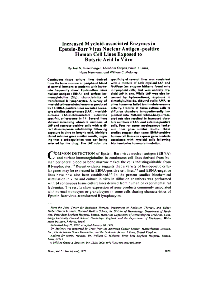 First page of Increased myeloid-associated enzymes in Epstein-Barr virus nuclear antigen--positive human cell lines exposed to butyric acid in vitro