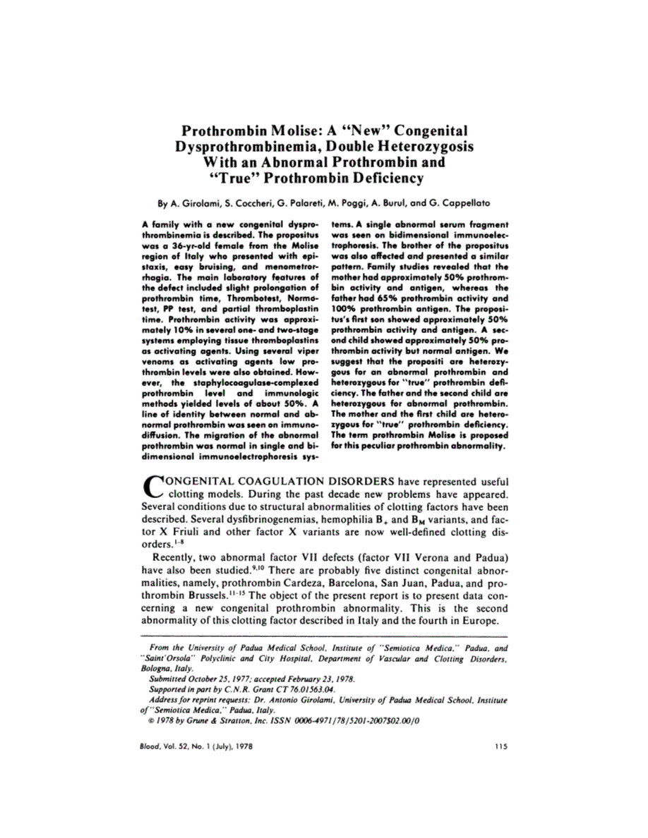 First page of Prothrombin Molise: a "new" congenital dysprothrombinemia, double heterozygosis with an abnormal prothrombin and "true" prothrombin deficiency