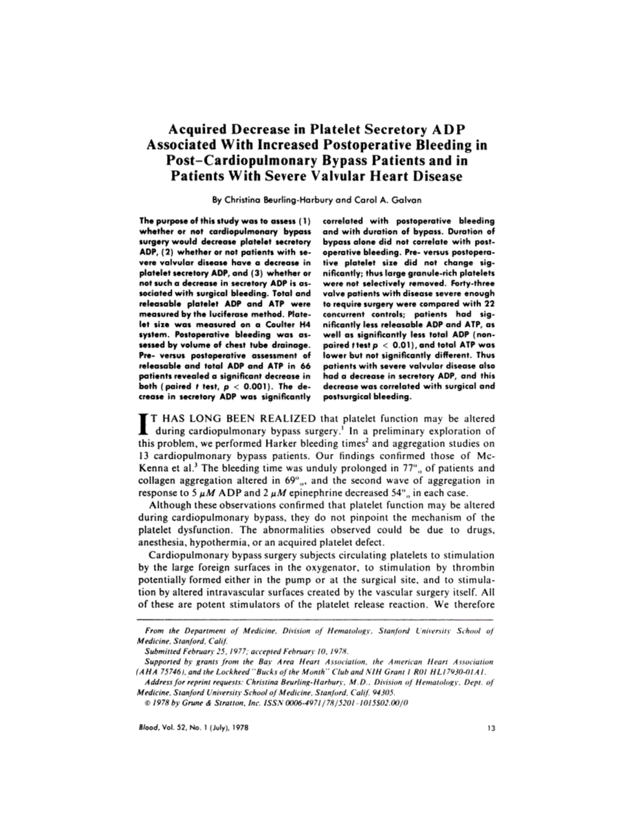 First page of Acquired decrease in platelet secretory ADP associated with increased postoperative bleeding in post-cardiopulmonary bypass patients and in patients with severe valvular heart disease