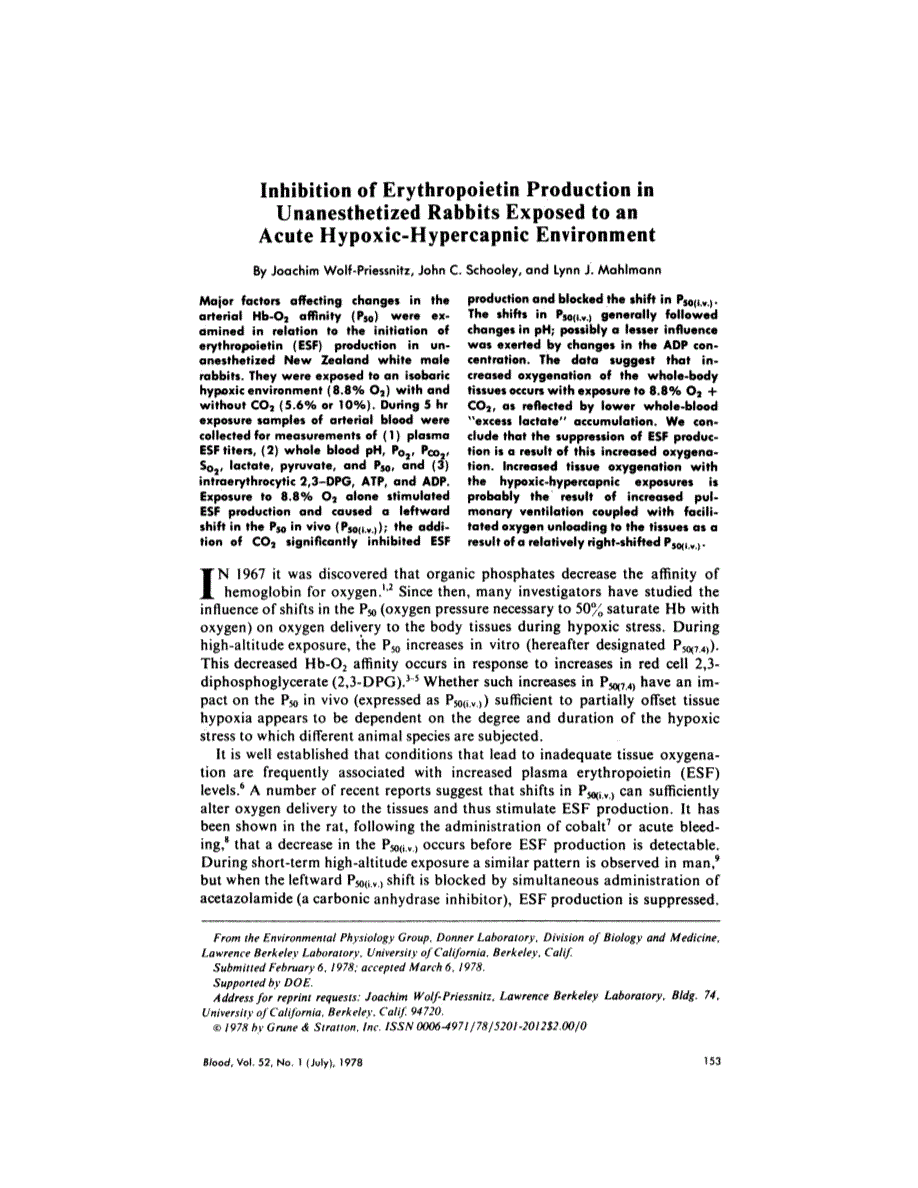 First page of Inhibition of erythropoietin production in unanesthetized rabbits exposed to an acute hypoxic-hypercapnic environment