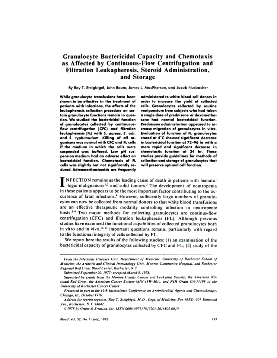 First page of Granulocyte bactericidal capacity and chemotaxis as affected by continuous-flow centrifugation and filtration leukapheresis, steroid administration, and storage