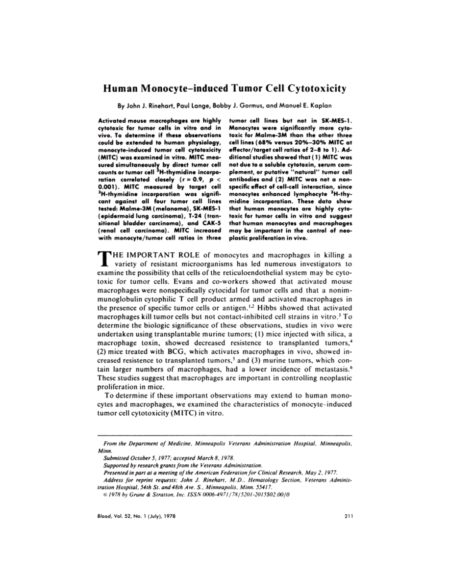First page of Human monocyte-induced tumor cell cytotoxicity