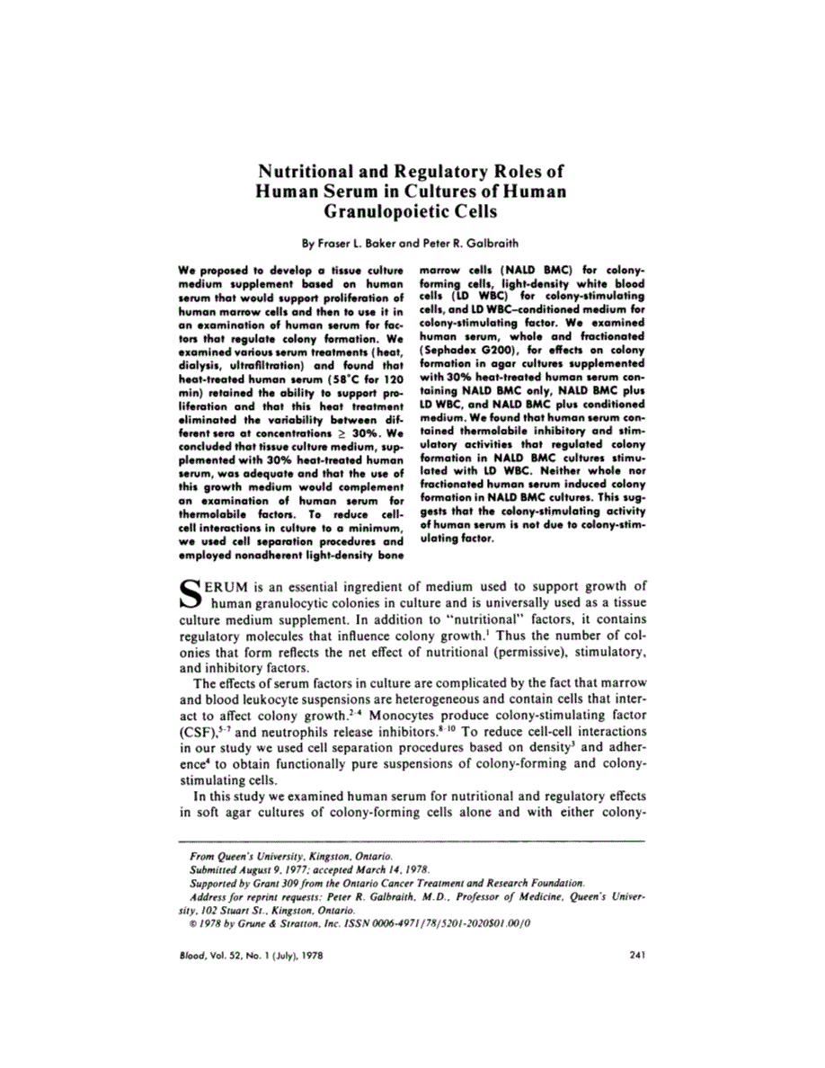 First page of Nutritional and regulatory roles of human serum in cultures of human granulopoietic cells