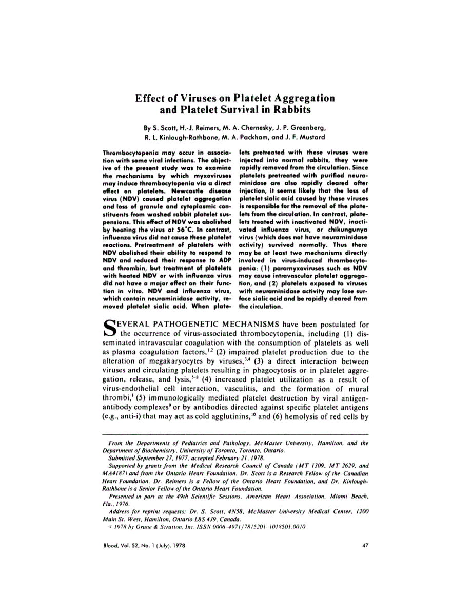 First page of Effect of viruses on platelet aggregation and platelet survival in rabbits