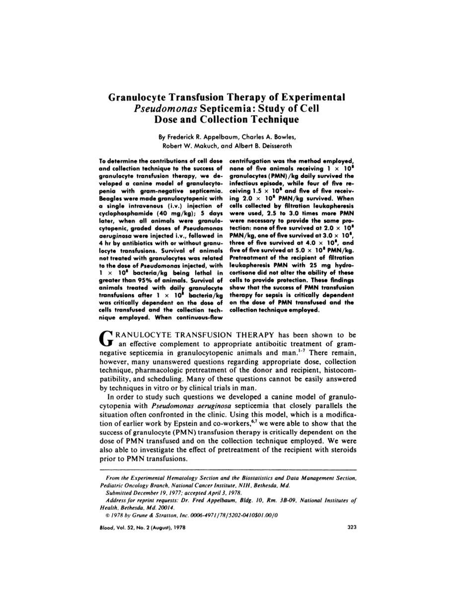 First page of Granulocyte transfusion therapy of experimental Pseudomonas septicemia: study of cell dose and collection technique