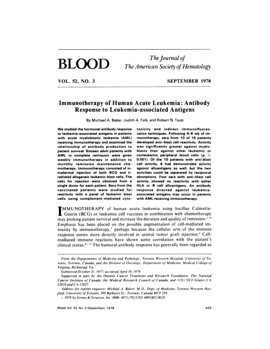 First page of Immunotherapy of human acute leukemia: antibody response to leukemia- associated antigens