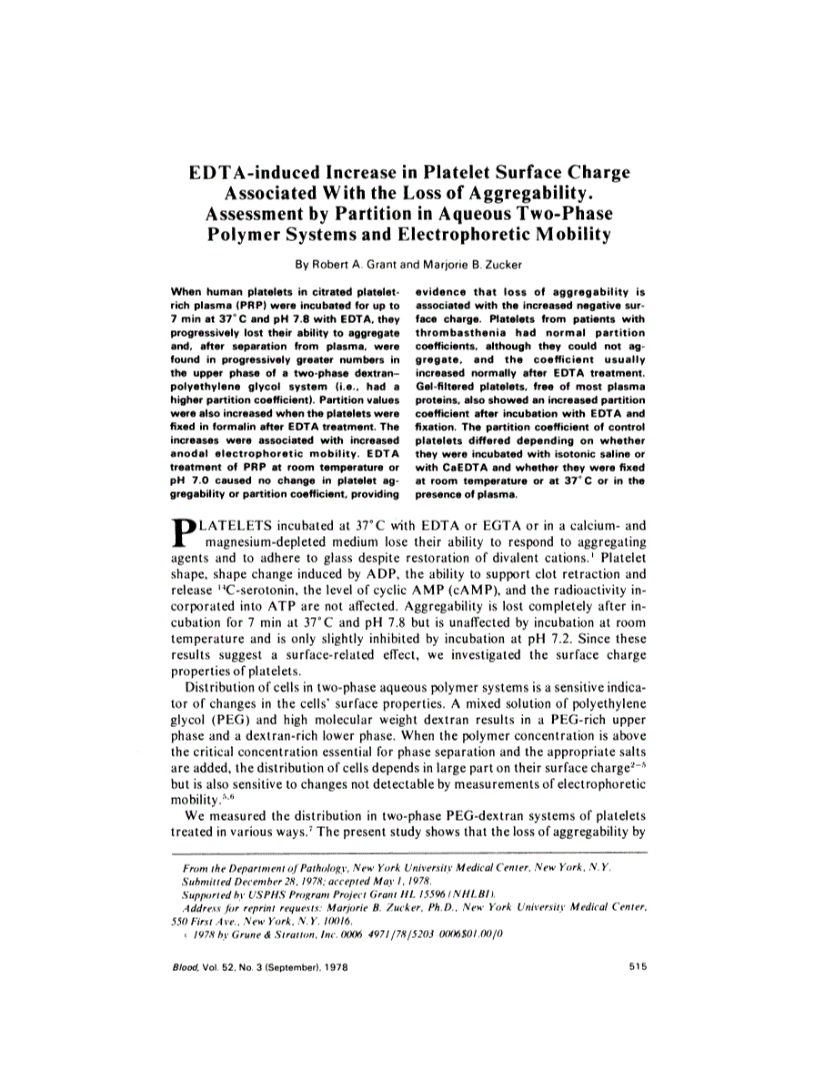 First page of EDTA-induced increase in platelet surface charge associated with the loss of aggregability. Assessment by partition in aqueous two-phase polymer systems and electrophoretic mobility