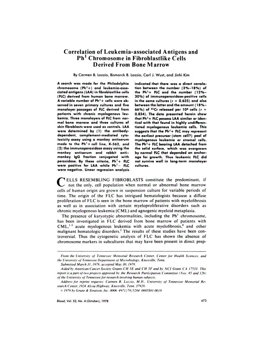 First page of Correlation of leukemia-associated antigens and Ph1 chromosome in fibroblastlike cells derived from bone marrow
