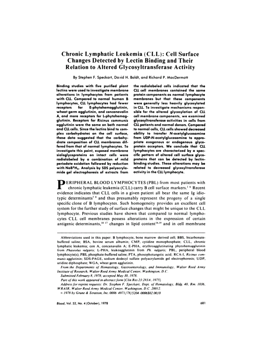 First page of Chronic lymphatic leukemia (CLL): cell surface changes detected by lectin binding and their relation to altered glycosyltransferase activity