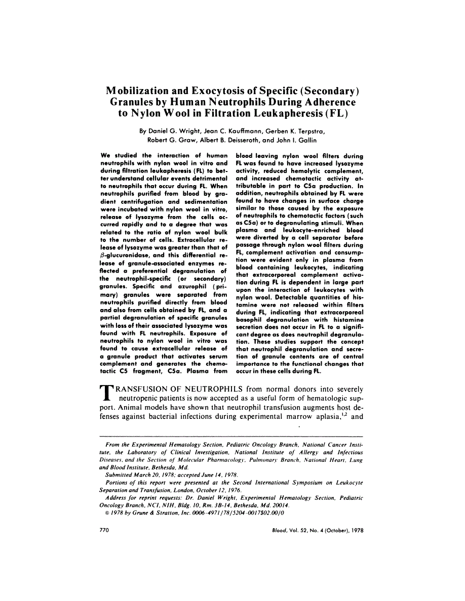 First page of Mobilization and exocytosis of specific (secondary) granules by human neutrophils during adherence to nylon wood in filtration leukapheresis (FL)