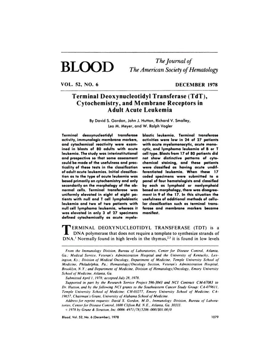 First page of Terminal deoxynucleotidyl transferase (TdT), cytochemistry, and membrane receptors in adult acute leukemia