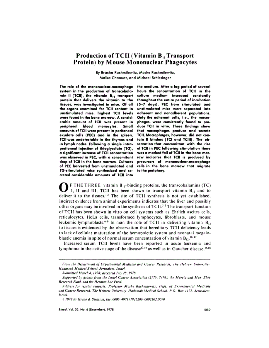 First page of Production of TCII (vitamin B12 transport protein) by mouse mononuclear phagocytes