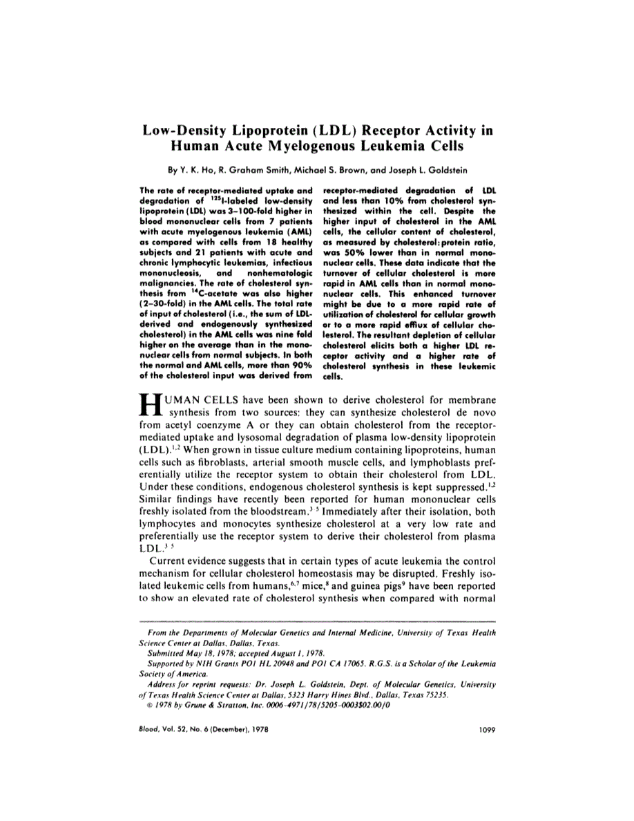 First page of Low-density lipoprotein (LDL) receptor activity in human acute myelogenous leukemia cells