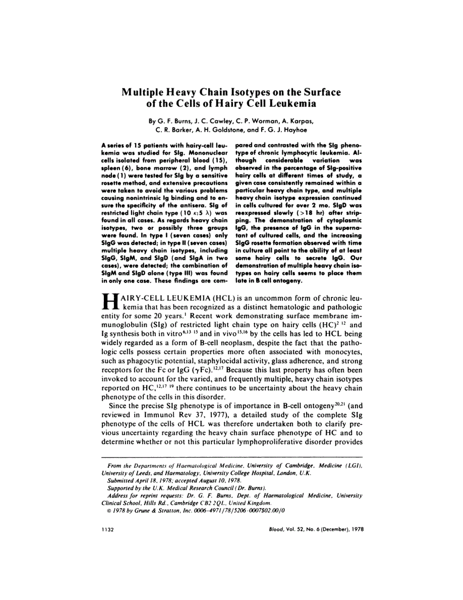 First page of Multiple heavy chain isotypes on the surface of the cells of hairy cell leukemia