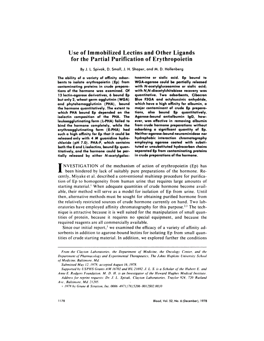 First page of Use of immobilized lectins and other ligands for the partial purification of erythropoietin