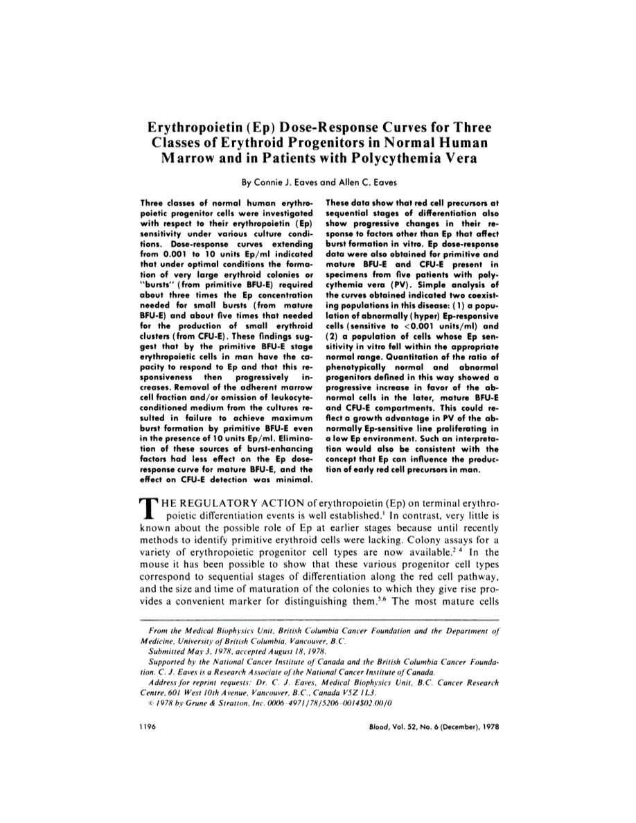First page of Erythropoietin (Ep) dose-response curves for three classes of erythroid progenitors in normal human marrow and in patients with polycythemia vera