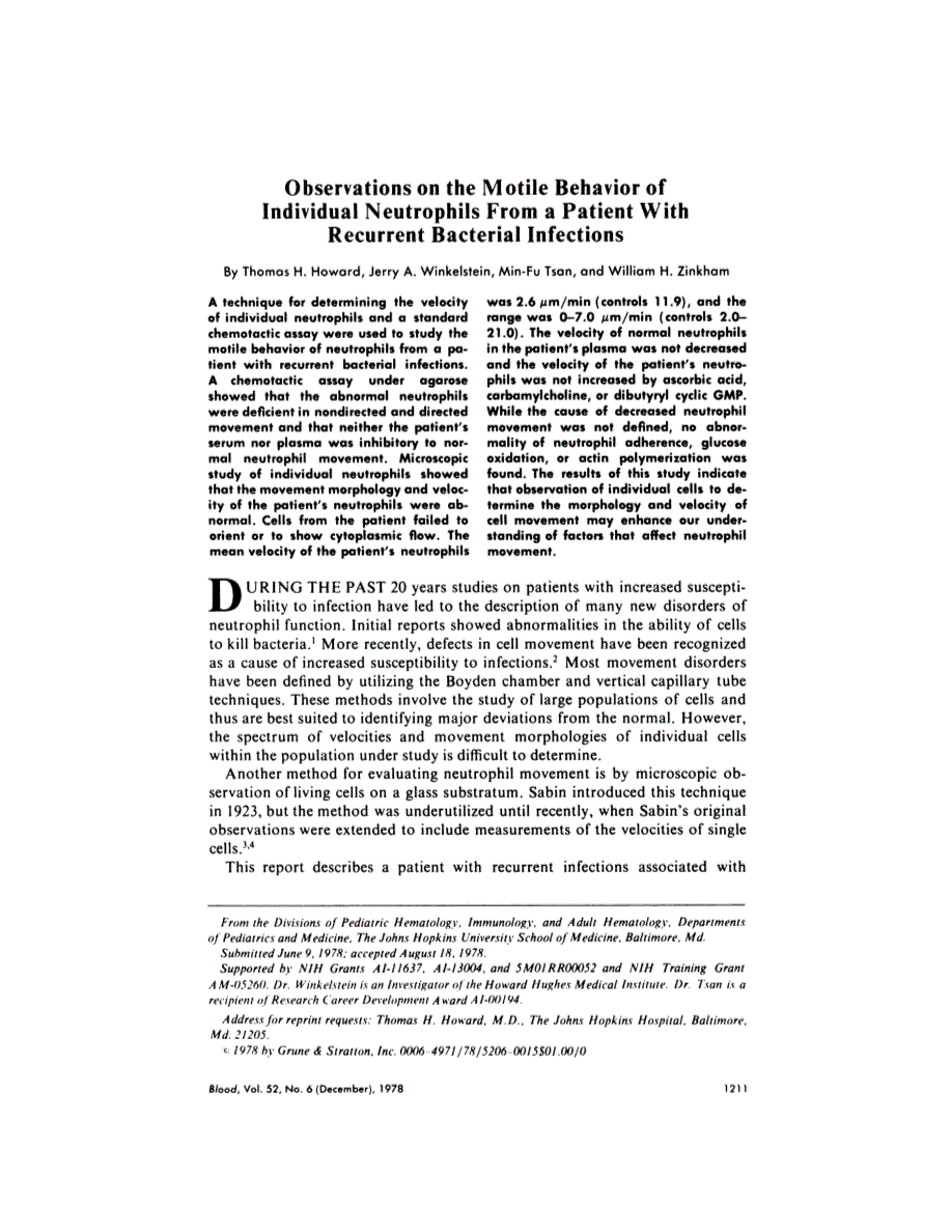 First page of Observations on the motile behavior of individual neutrophils from a patient with recurrent bacterial infections