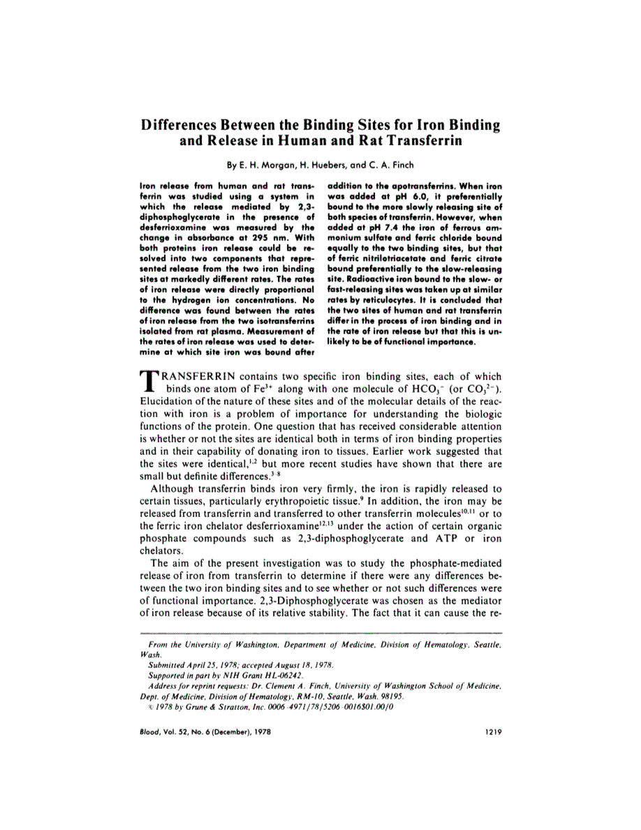 First page of Differences between the binding sites for iron binding and release in human and rat transferrin