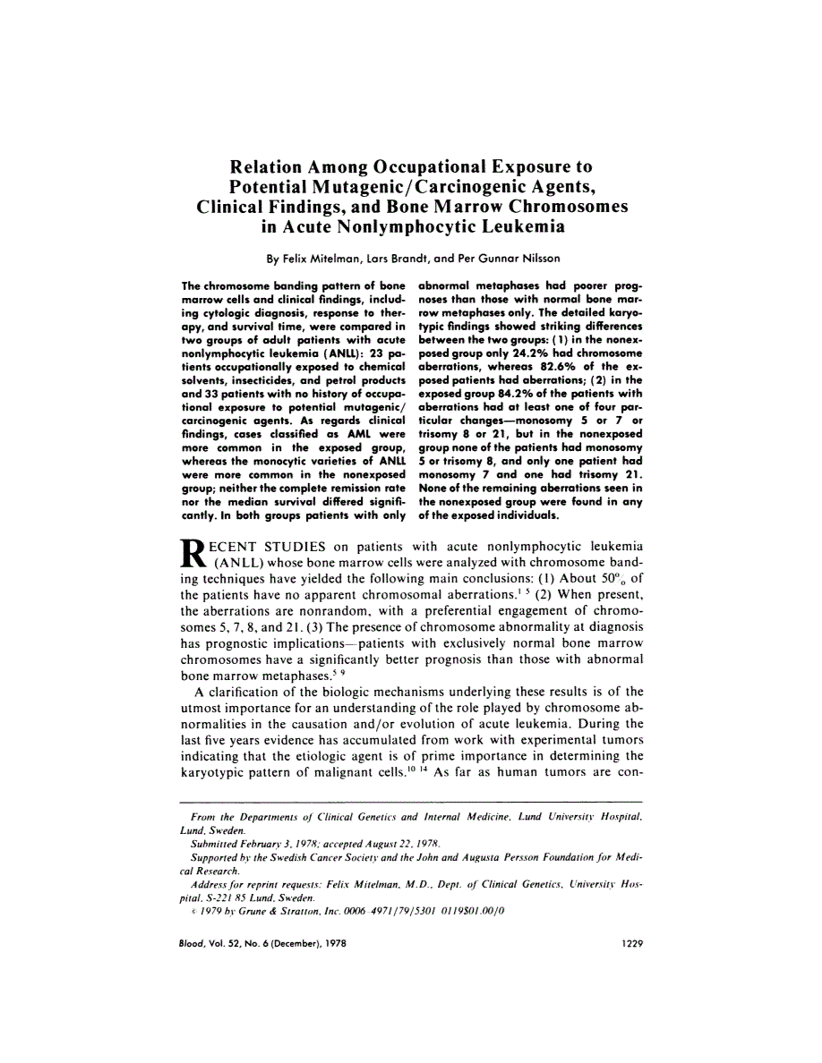 First page of Relation among occupational exposure to potential mutagenic/carcinogenic agents, clinical findings, and bone marrow chromosomes in acute nonlymphocytic leukemia