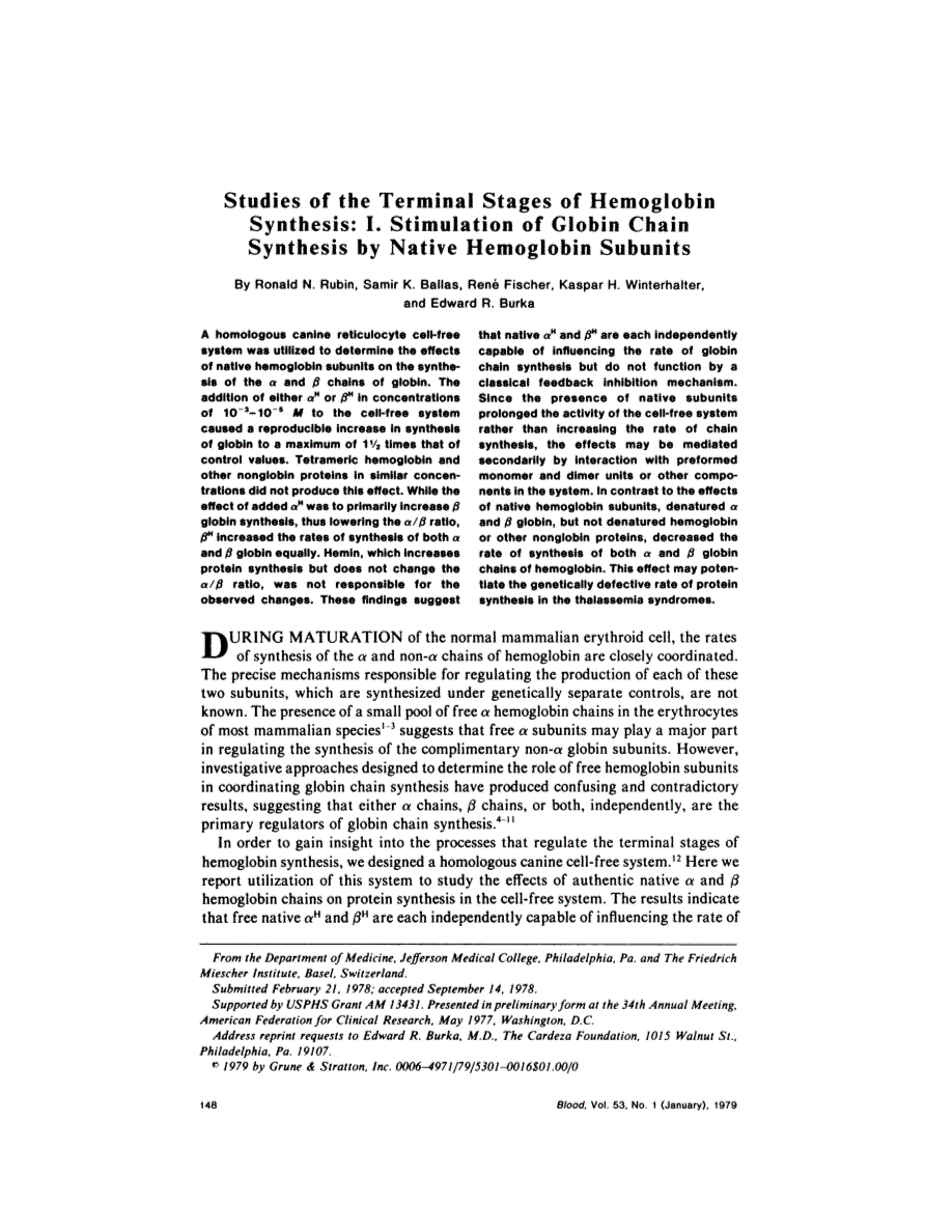 First page of Studies of the terminal stages of hemoglobin synthesis: I. Stimulation of globin chain synthesis by native hemoglobin subunits