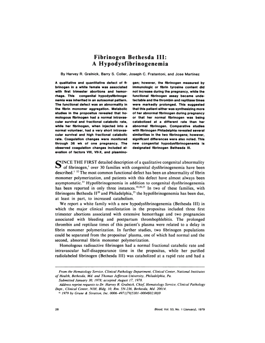 First page of Fibrinogen bethesda III: a hypodysfibrinogenemia
