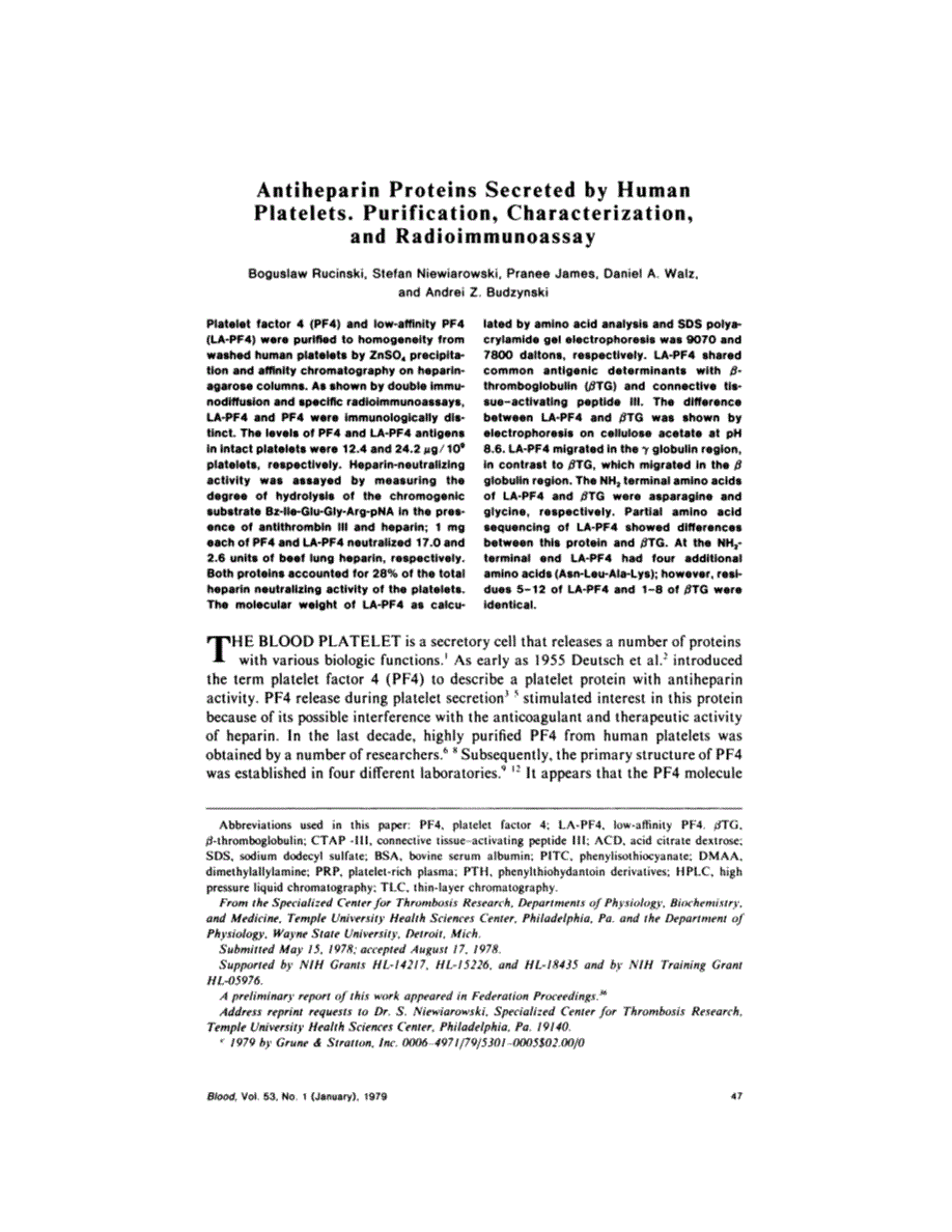 First page of Antiheparin proteins secreted by human platelets. purification, characterization, and radioimmunoassay