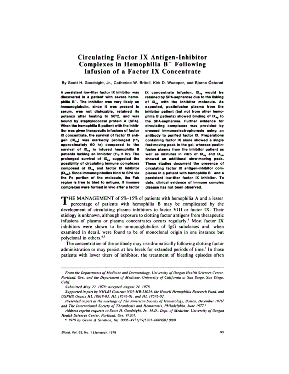 First page of Circulating factor IX antigen-inhibitor complexes in hemophilia B- following infusion of a factor IX concentrate
