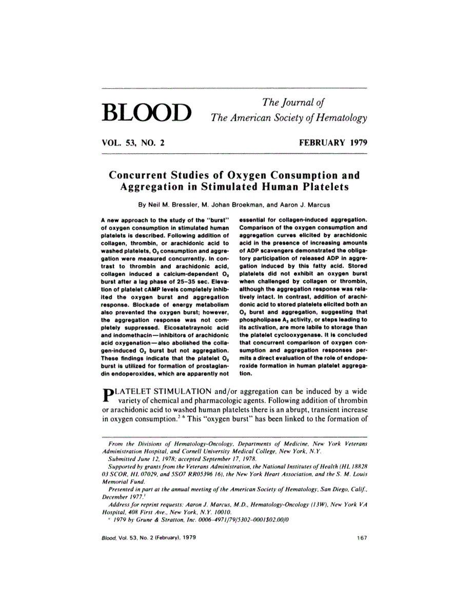 First page of Concurrent studies of oxygen consumption and aggregation in stimulated human platelets