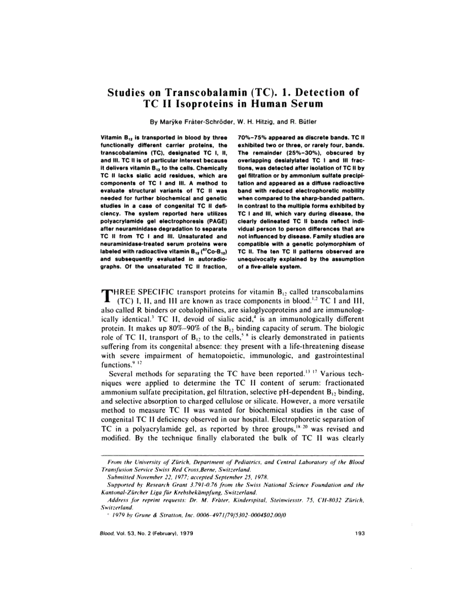 First page of Studies on transcobalamin (TC). 1. Detection of TC II isoproteins in human serum