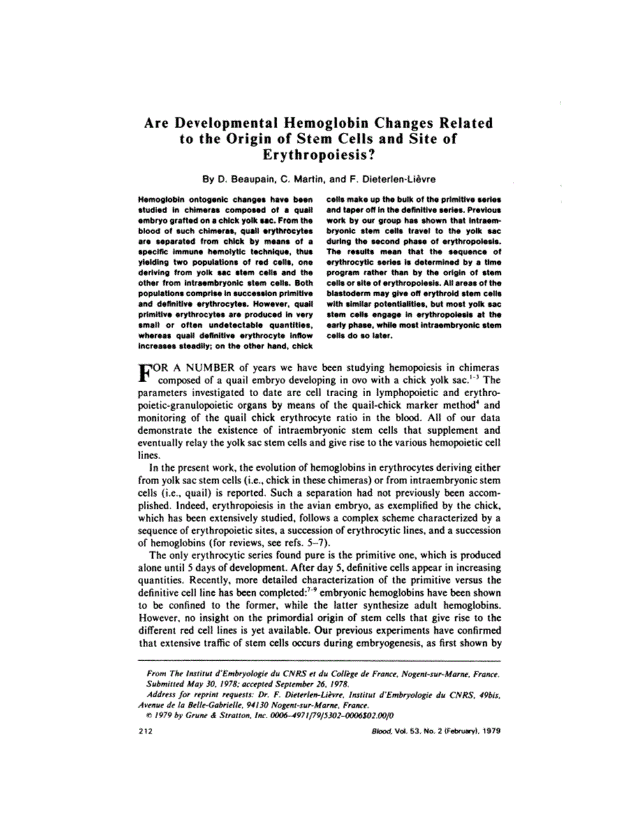 First page of Are developmental hemoglobin changes related to the origin of stem cells and site of erythropoiesis?