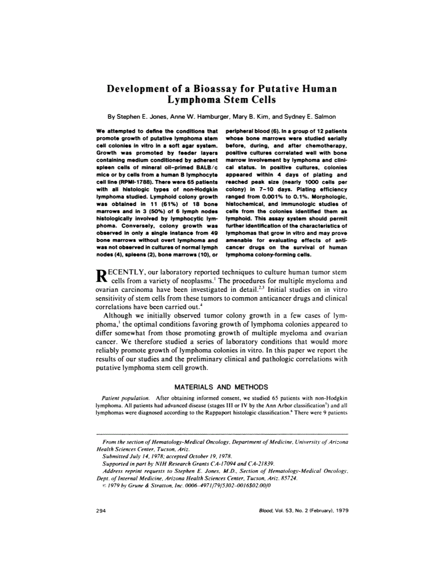 First page of Development of a bioassay for putative human lymphoma stem cells
