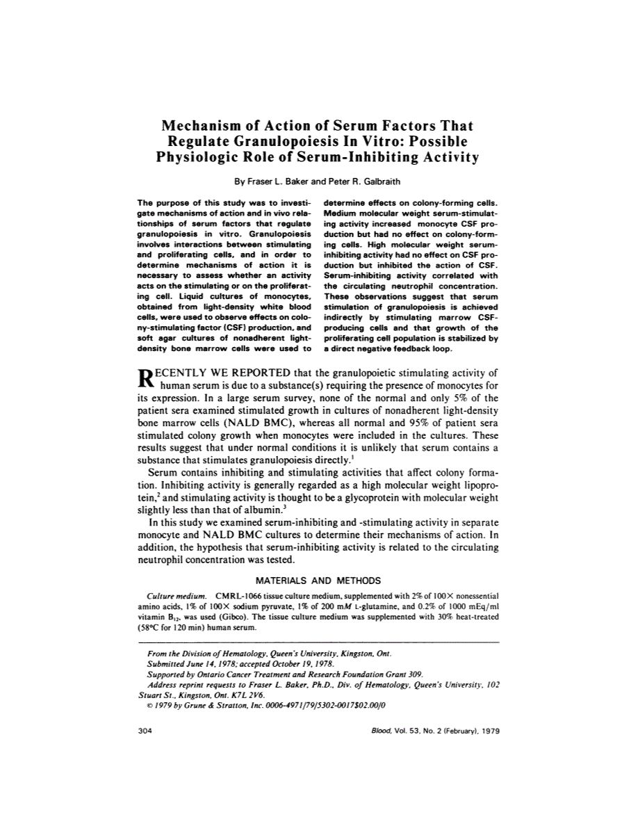 First page of Mechanism of action of serum factors that regulate granulopoiesis in vitro: possible physiologic role of serum-inhibiting activity