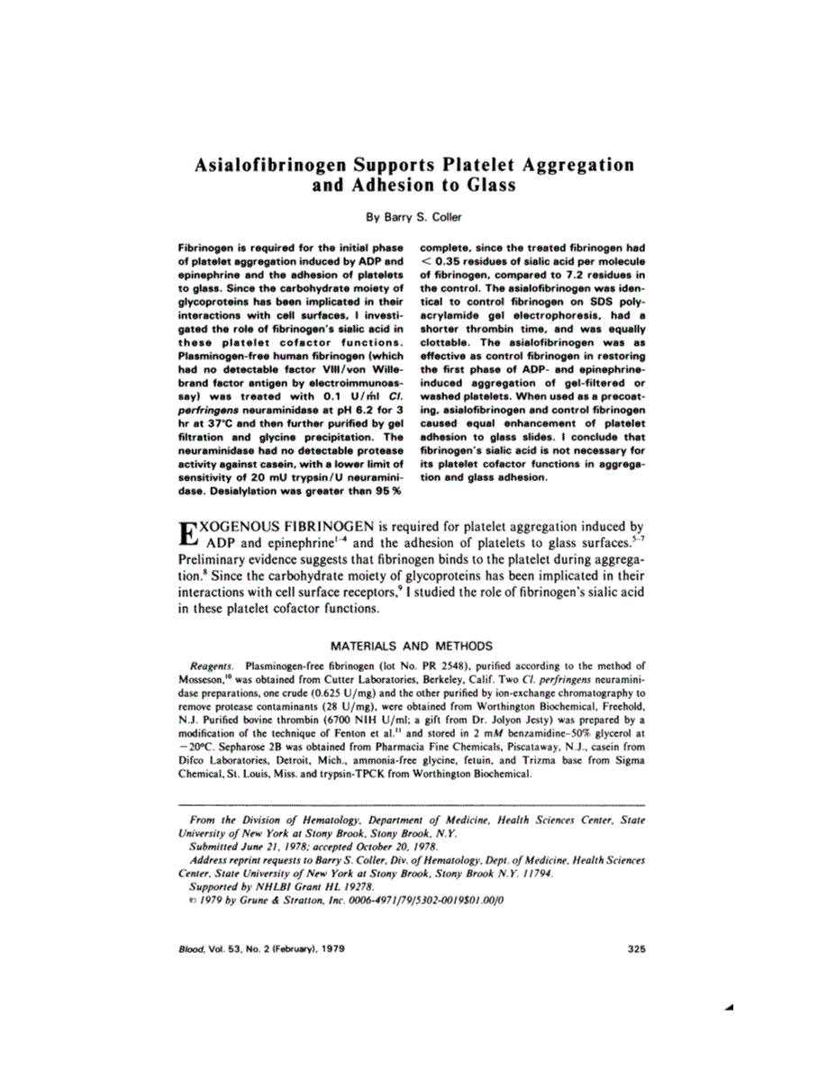 First page of Asialofibrinogen supports platelet aggregation and adhesion to glass