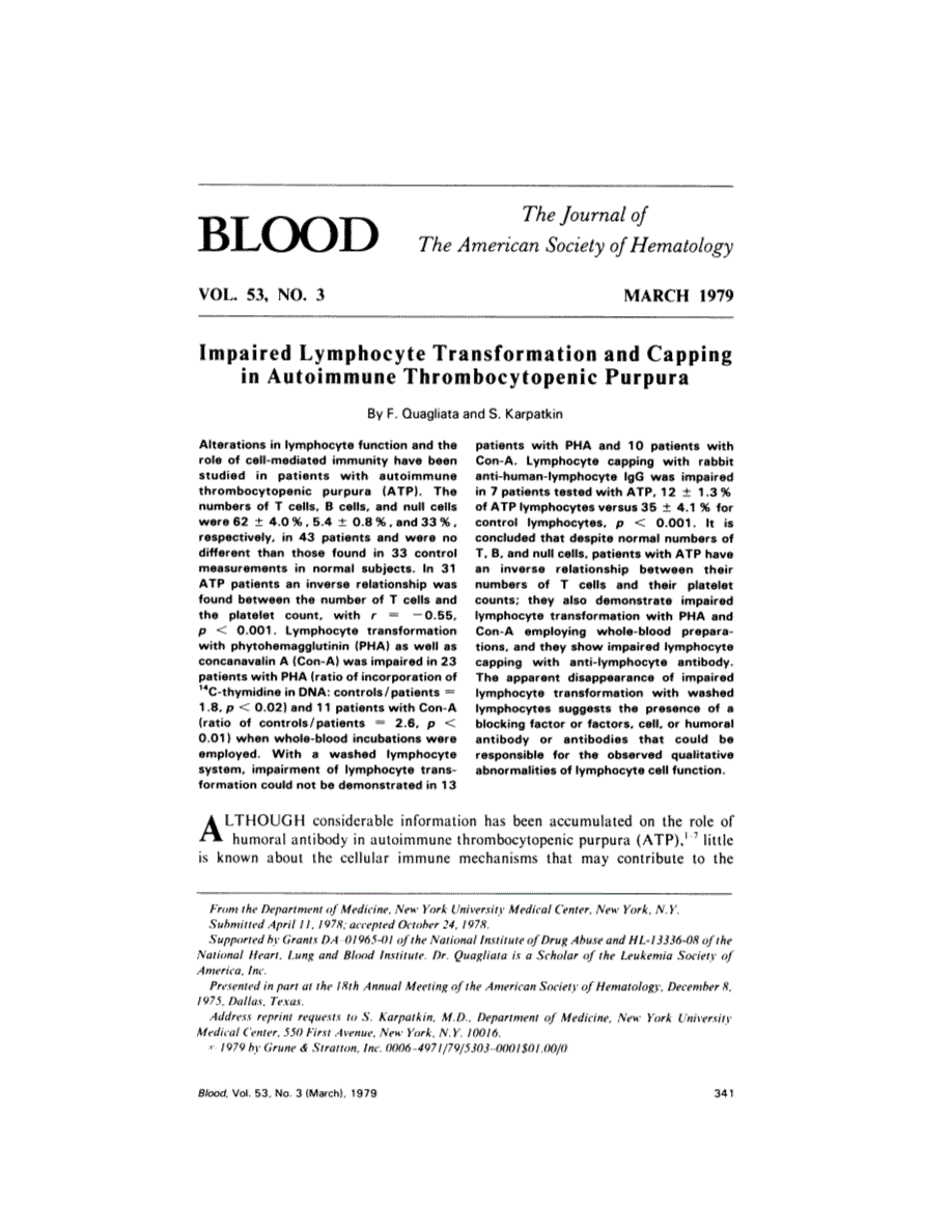 First page of Impaired lymphocyte transformation and capping in autoimmune thrombocytopenic purpura