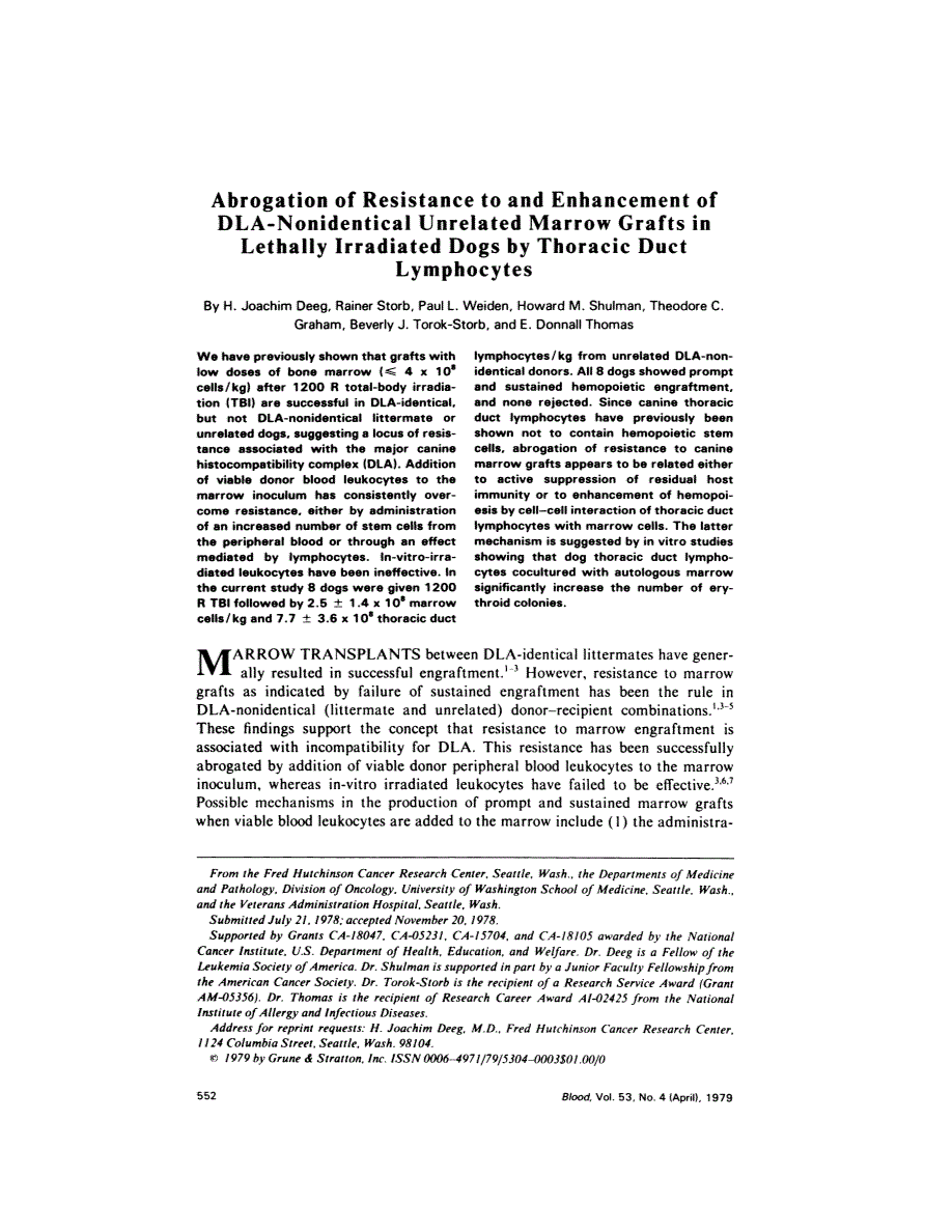First page of Abrogation of resistance to and enhancement of DLA-nonidentical unrelated marrow grafts in lethally irradiated dogs by thoracic duct lymphocytes
